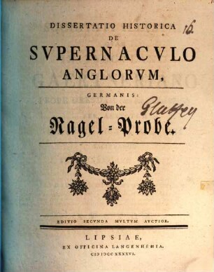 Dissertatio Historica De Svpernacvlo Anglorvm, Germanis: Von der Nagel-Probe