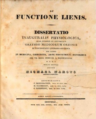 De functione lienis : dissertatio inauguralis physiologica ...