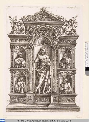 Tabernakel mit dem segnenden Christus in einer Nische und den Hll. Petrus, Paulus, Cosmas und Damian