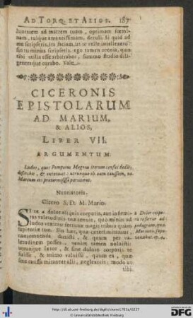 Ciceronis Epistolarum Ad Marium, Et Alios, Liber VII.