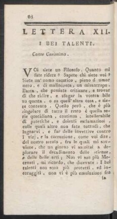 Lettera XII. I Bei Talenti