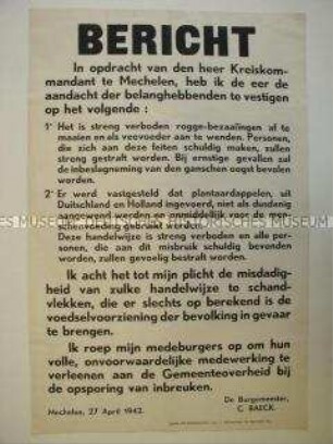 Maueranschlag aus dem besetzten Belgien zum Verbot der Nutzung der für die Bevölkerung benötigten Lebensmittel als Viehfutter