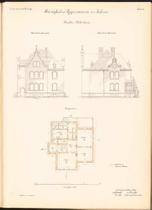 Gymnasium, Erfurt: Direktorwohnhaus: Nördliche und südliche Ansicht, Grundriss EG 1:100