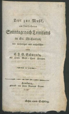 Text zur Musik, am fünfzehnten Sonntage nach Trinitatis in St. Michaelis
