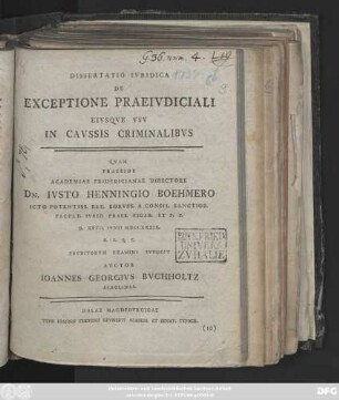 Dissertatio Ivridica De Exceptione Praeivdiciali Eivsque Vsv In Cavssis Criminalibvs