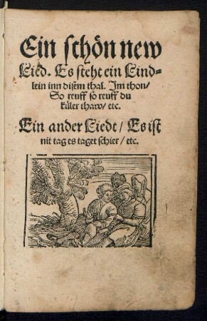 Ein schœn new || Lied. Es steht ein Lind=||lein inn disem thal. Jm thon/|| So reuff so reuff du || kueler thaw/ etc.|| Ein ander Liedt/ Es ist || nit tag es taget schier/ etc.||