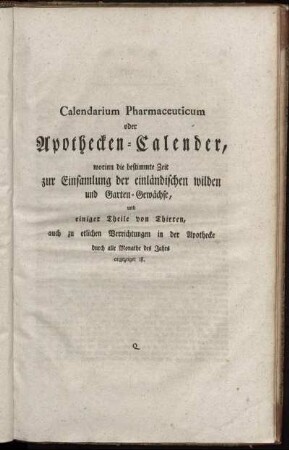 Calendarium Phamaceuticum oder Apothecken- Calender, ...