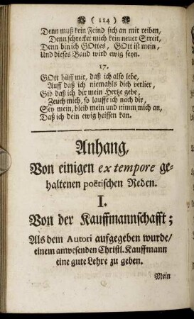 Anhang, von einigen ex tempore gehaltenen poëtischen Reden.