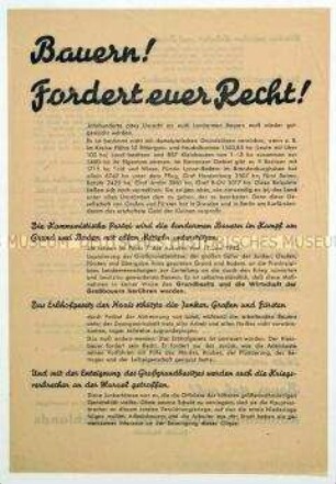 Aufruf der KPD, Bezirk Sachsen, an die Bauern zur gerechten Durchführung der Bodenreform