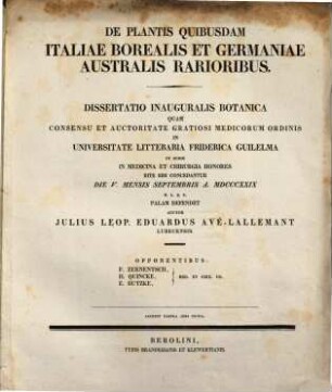 De Plantis Quibusdam Italiae Borealis Et Germaniae Australis Rarioribus : Dissertatio Inauguralis Botanica