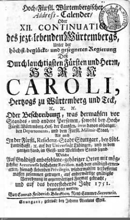 1751: Württembergisches Adressbuch, 1751