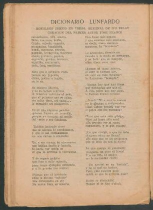 Dicionario lunfardo : Monólogo cómico en verso, original de Ivo Pelay. - Creación del primer actor José Franco