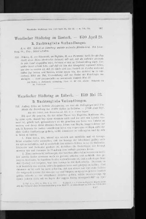 Wendischer Städtetag zu Lübeck. - 1510 Mai 22. D. Nachträgliche Verhandlungen.