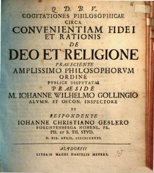 Cogitationes Philosophicae Circa Convenientiam Fidei Et Rationis De Deo Et Religione