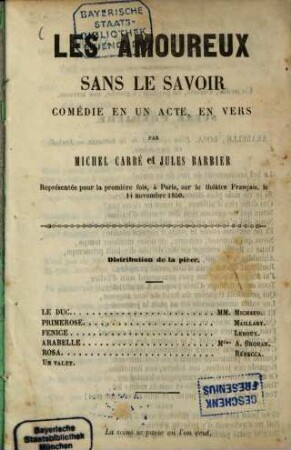 Les amoureux sans le savoir : Comédie en un acte, en vers