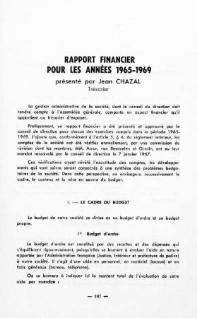 187-193, Rapport financier pour les années 1965-1969