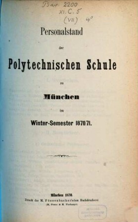Personalstand der Königlich-Bayerischen Polytechnischen Schule zu München. 1870/71 (1870)