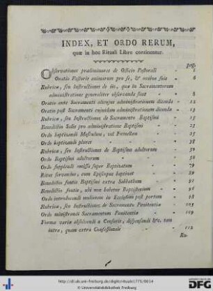 Index, Et Ordo Rerum, quae in hoc Rituali Libro continentur.