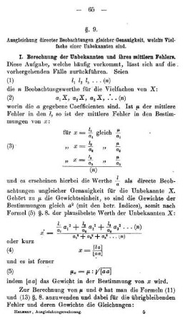 § 9. Ausgleichung directer Beobachtungen gleicher Genauigkeit, welche Vielfache einer unbekannten sind, nach dem Satze vom arithmetischen Mittel. Mittlerer Fehler der Unbekannten, mittlerer und durchschnittlich