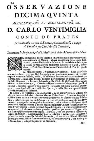 Osservazione Decima Quinta all'Illustriss. et Eccell. Sig. D. Carlo Ventimiglia Conte de Prades ...
