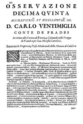 Osservazione Decima Quinta all'Illustriss. et Eccell. Sig. D. Carlo Ventimiglia Conte de Prades ...