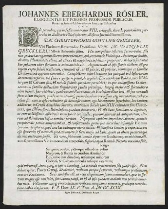 Johannes Eberhardus Rösler, Eloquentiae Et Poeseos Professor Publicus...