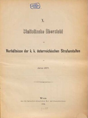 Statistische Übersicht der Verhältnisse der österreichischen Strafanstalten und der Gerichtsgefängnisse. 10. 1877 (1879)