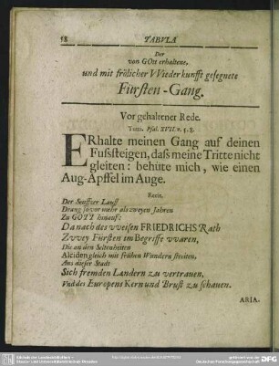 Der von Gott erhaltene, und mit frölicher Wiederkunfft gesegnete Fürsten-Gang