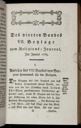 Des vierten Bandes VII. Beylage zum Religions-Journal, Im Junius 1783