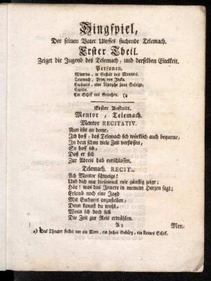 Singspiel, Der seinen Vater Ulysses suchende Telemach.