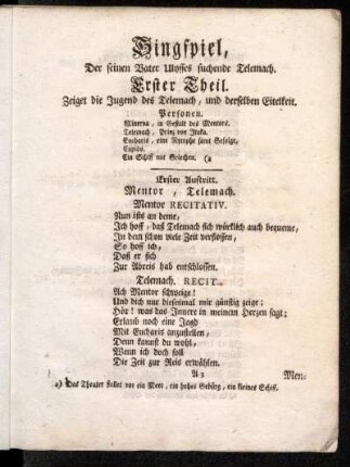 Singspiel, Der seinen Vater Ulysses suchende Telemach.