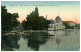 Budapest. Stadtwäldchenteich mit Sporthaus : Budapest. Stadtwäldchenteich mit Sportpavillon (Eislaufplatz) und Ruderer