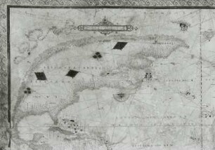 Weltkarte, Ausschnitt: La nouvelle terre franceze : Ausschnitt: La nouvelle terre franceze aus der Weltkarte. Handzeichnung, koloriert, Pergament; 62,5 x 111 cm (mit Rand). Dieppe, 1541