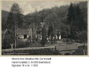 Mühltal bei Darmstadt-Eberstadt, Waldmühle (Haus Burgwald) in der Mordach / Ansicht mit Brückenpartie