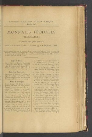 Supplément au Bulletin de numismatique. Janvier 1896. Monnaies féodales françaises