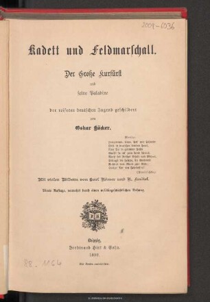 Kadett und Feldmarschall : der Große Kurfürst und seine Paladine : der reiferen deutschen Jugend geschildert