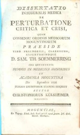 Dissertatio Inauguralis Medica De Perturbatione Critica Et Crisi
