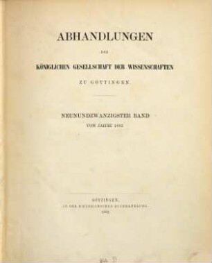 Abhandlungen der Königlichen Gesellschaft der Wissenschaften in Göttingen. 29. 1882