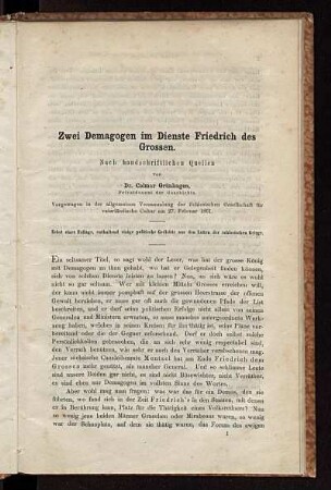 Zwei Demagogen im Dienste Friedrich des Grossen
