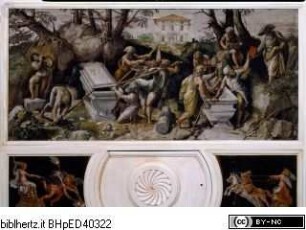 Szenen aus der römischen Geschichte und Mythologie, Auffindung des Grabes des Königs Numa Pompilius und der sibyllinischen Bücher am Gianicolo; im Hintergrund Vedute der Villa Lante