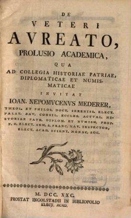 De Veteri Avreato, Prolusio Academica