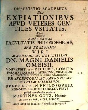 Dissertatio Academica De Expiationibus Apud Veteres Gentiles Usitatis