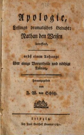 Apologie, Lessings dramatisches Gedicht: Nathan den Weisen betreffend