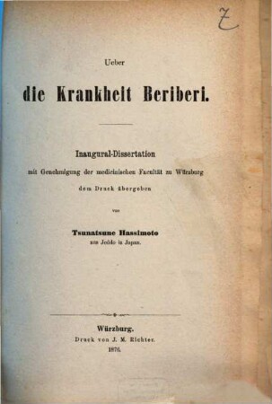 Ueber die Krankheit Beriberi : Inaug.-Diss.