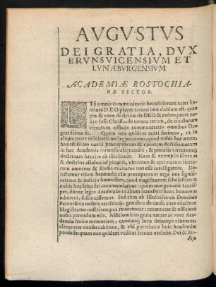Augustus Dei Gratia, Dux Brunsvicensium Et Lunaeburgensium Academiae Rostochianae Rector.