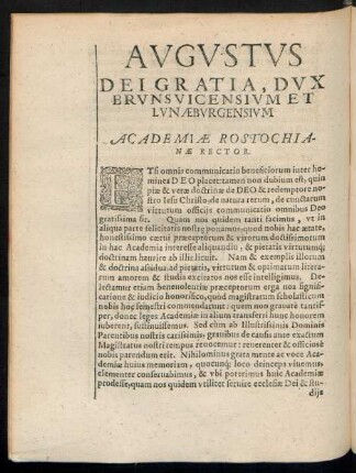 Augustus Dei Gratia, Dux Brunsvicensium Et Lunaeburgensium Academiae Rostochianae Rector.