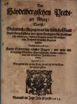 Der Heydelbergischen Prediger Abzug ...
