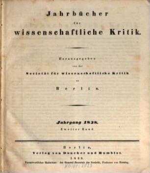 Jahrbücher für wissenschaftliche Kritik. 1838, Bd. 2