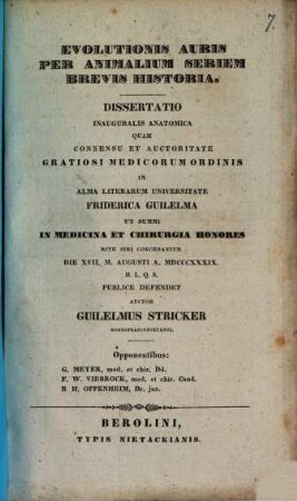 Evolutionis auris per animalium seriem brevis historia : Dissertatio inauguralis anatomica
