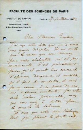 Korrespondenz von Marie Curie an Albert Einstein